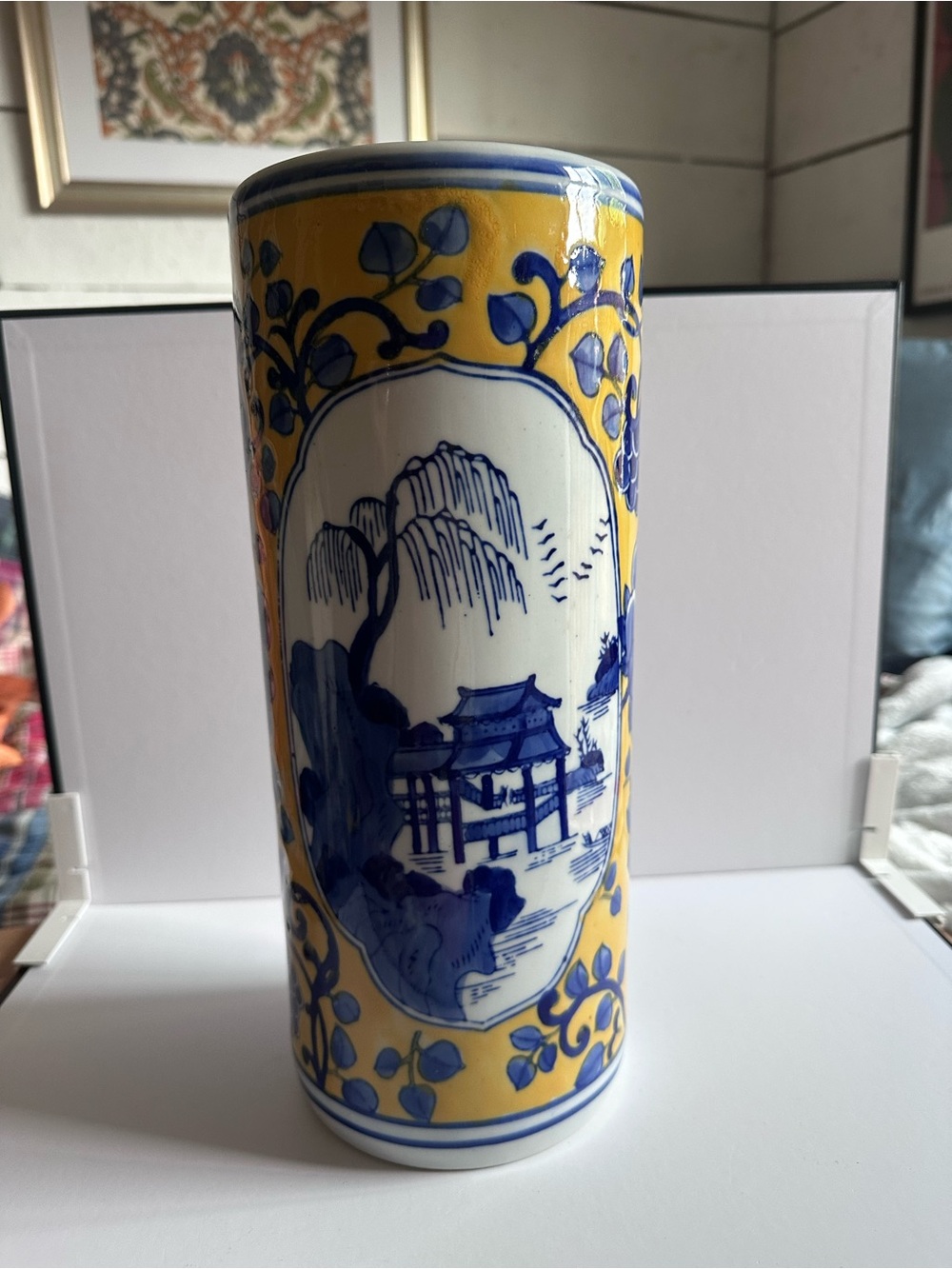 Vintage Chinoiserie Blue and Yellow Asian Vase